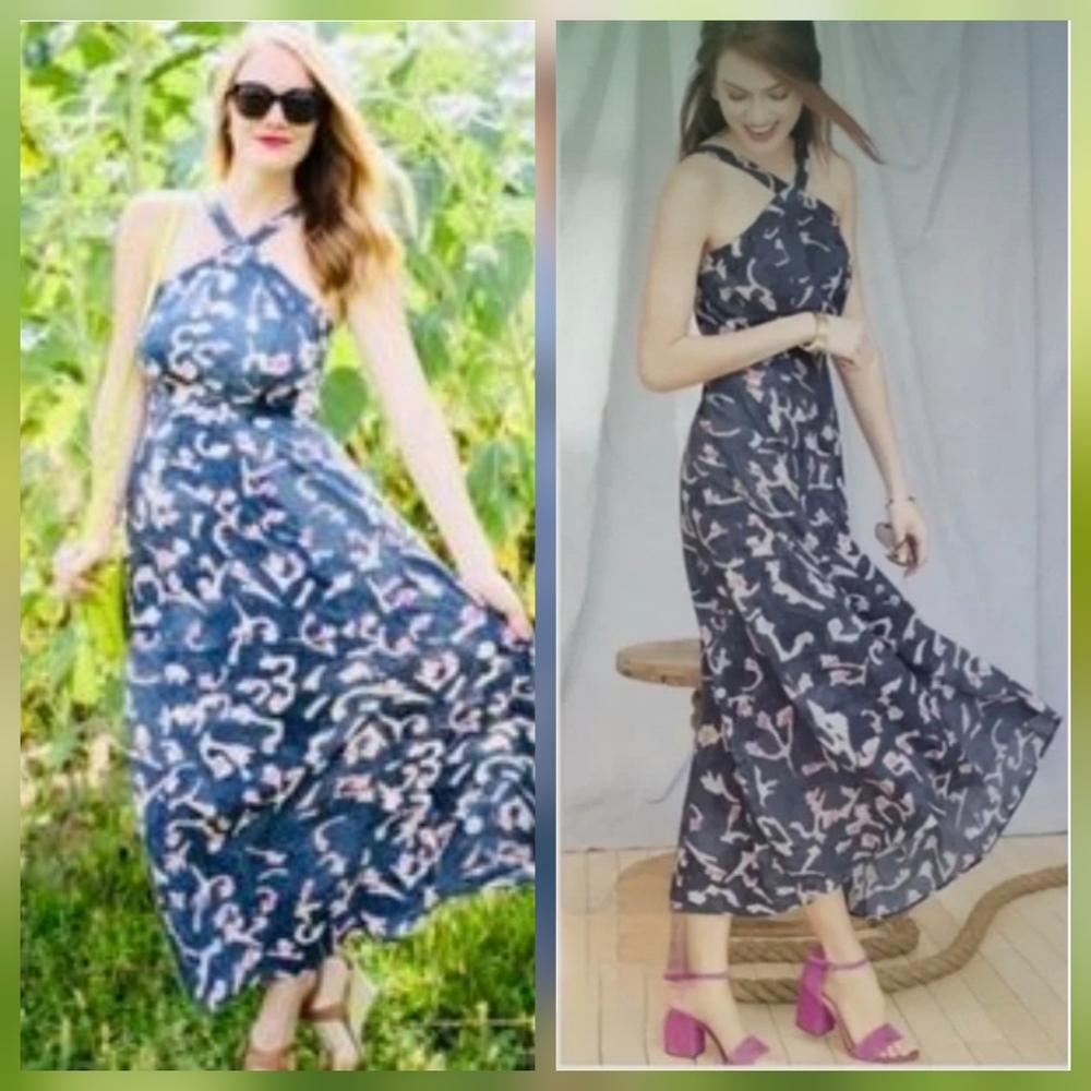 Cabi Blue Multi Watercolor Floral‎ Halter Maxi Dress